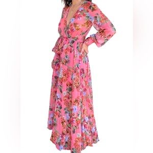 Bright Pink Gypsy Bohemia Tropical Floral Maxi Long sleeve Dress M